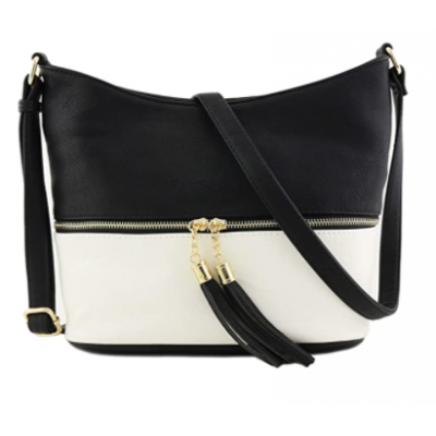 AM3016C-BLACK/WHITE BUCKET VEGAN LEATHER CROSSBODY BAG